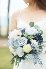 Elegant Dusty Blue Wedding Flowers Bouquet – Large 13″ Silk Roses, Perfect Bride