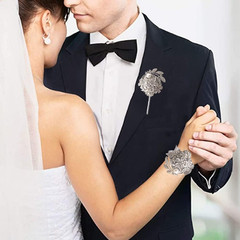 Wrist Corsage with Peal and Rhinestone Corsage and Boutonniere Set for Wedding,P