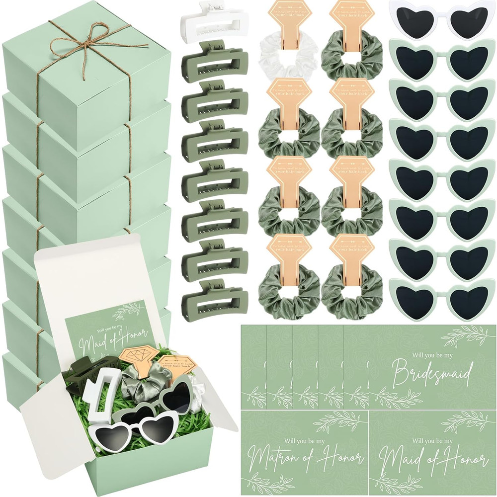 8-Set Bridesmaid Proposal Gifts, Green Heart Sunglasses, 4.1in Claws, Scrunchies