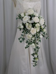 Dreamy White Rose and Ivy Cascade Faux Silk Wedding Bouquet