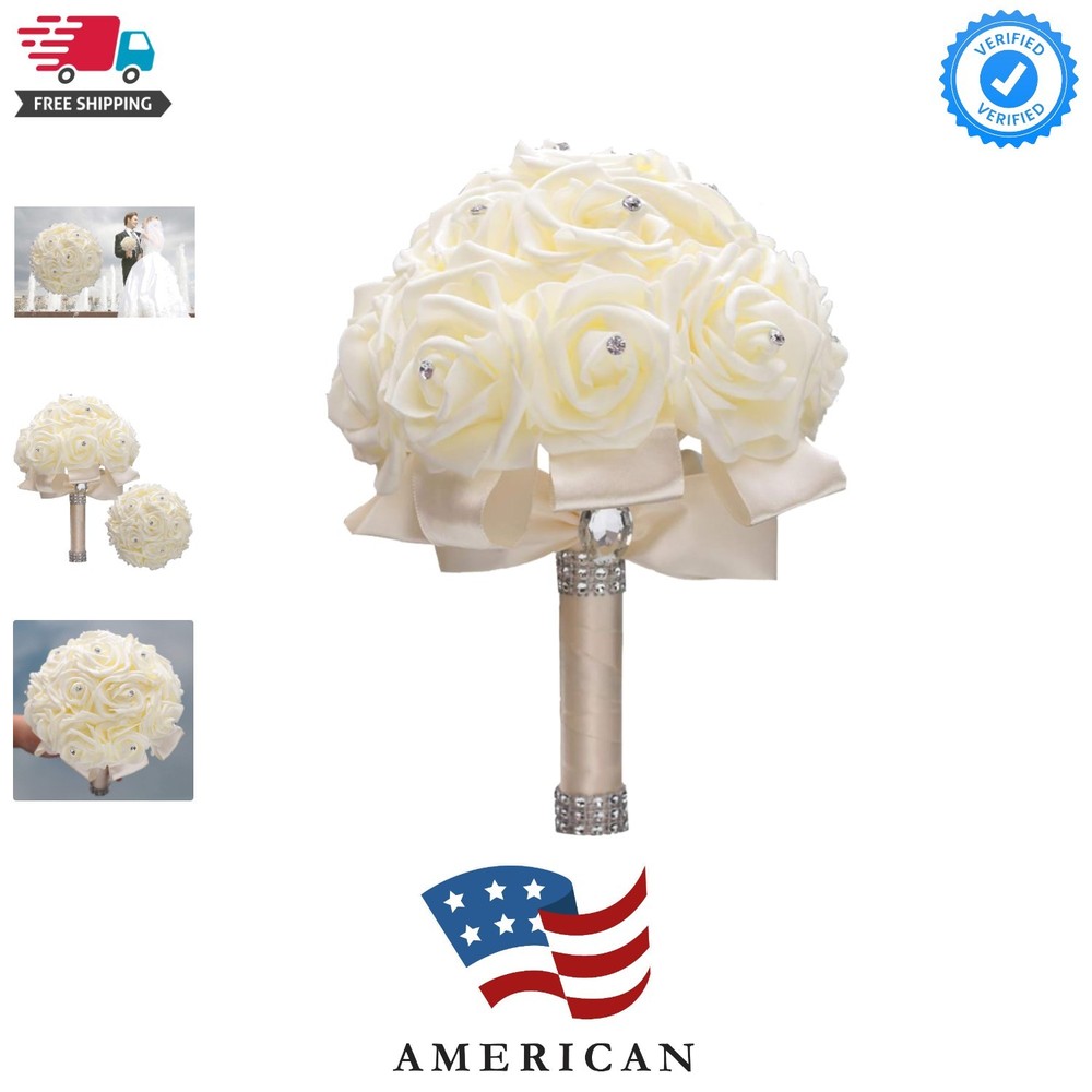 Ivory Cream Bouquet for Bride Bridesmaids with Diamond Soft Ribbons Artificia…
