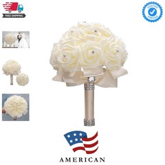 Ivory Cream Bouquet for Bride Bridesmaids with Diamond Soft Ribbons Artificia…