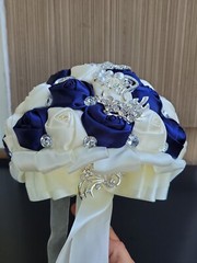 8″ Navy Blue Satin Rose Bridal Wedding Brooch Bouquet with Sparkle Rhinestones