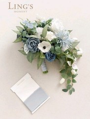 Ling’s Moment Dusty Blue Bridal Bouquet Cascading Wedding 15” Artificial Flowers