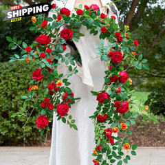 2 PCS 12FT Bendable Flower Garland, Artificial Rose Vine Hanging 2pcs, Red