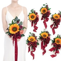 Ling’s Moment Set of 6 Sunflower and Burgundy Bridesmaid Bouquet Wedding Bouq…
