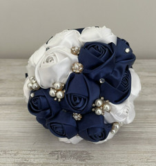 Blue White Bridal Bouquet Crystal Pearl Silk Roses Flower Wedding Holding Decor