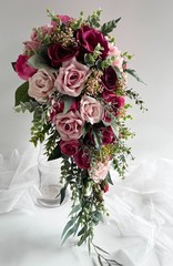 Cascading Wedding Bouquet Hot Pink Dusty Pink Roses Berry Flower Eucalyptus Gum