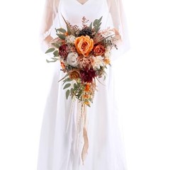 12″ Burnt Orange Cascade Wedding Bouquet, Silk Bridal Flowers for Fall Weddings