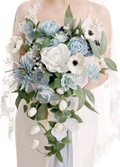 Ling’s Moment Dusty Blue Bridal Bouquet Cascading Wedding 15” Artificial Flowers