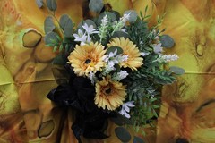 Gold/yellow gerbera daisy & white freesia floral bouquet w/ boutonniere
