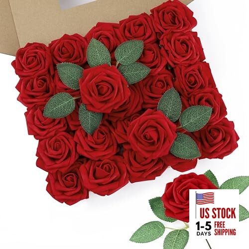 50Pcs Artificial Roses Flowers Fake Roses with Stems Real Touch 50PCS Dark Red