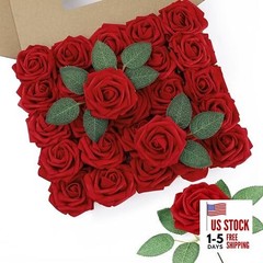 50Pcs Artificial Roses Flowers Fake Roses with Stems Real Touch 50PCS Dark Red