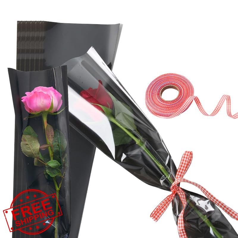 UnnFiko 50 Black Rose Flower Sleeves Bouquets Florist