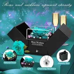 Gifts for Her – Preserved Real Rose with Necklace I Love You in Cyan
