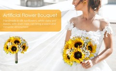 Wedding Bride Hand Bouquet with Green Leaves Sunflowers White Daisy Artificial