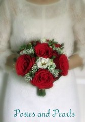 Silk Flower BRIDAL BOUQUET Red Rose and White Freesia, Boutonniere Included