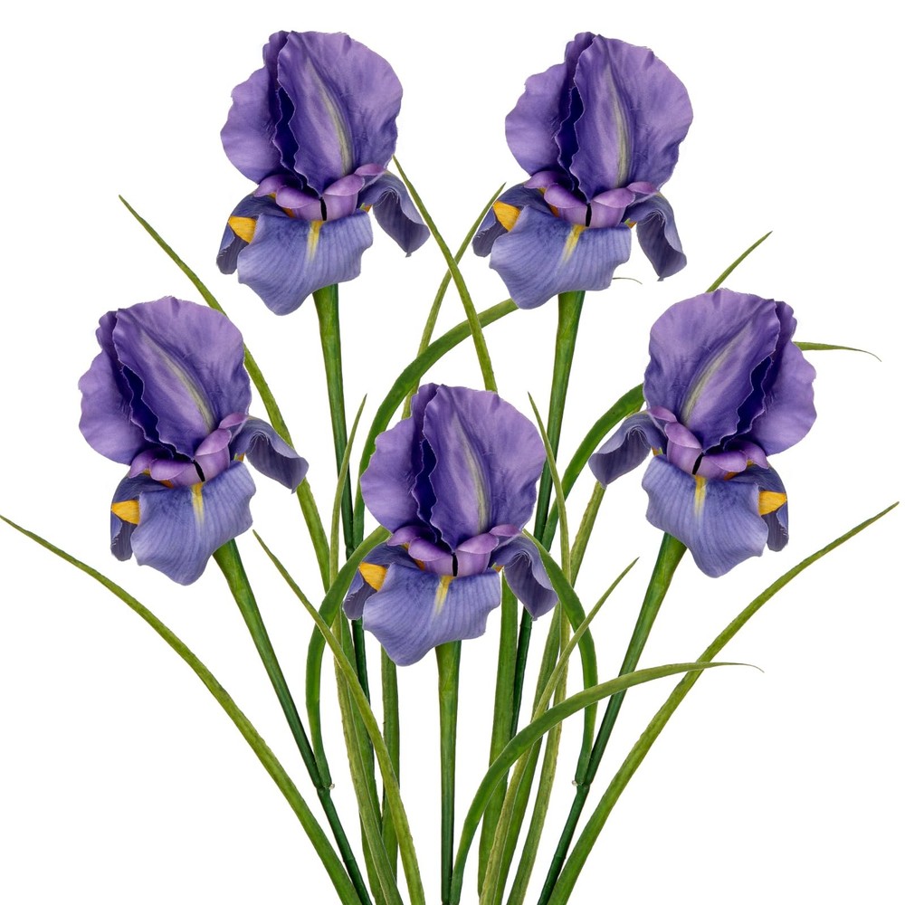 DILATATA Iris Flowers Artificial 5 Pcs Real Touch Long Stems Purple