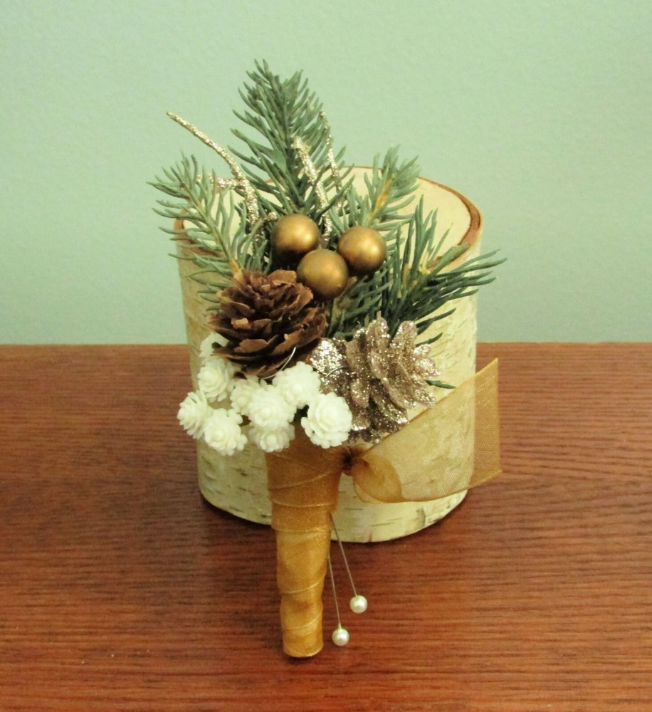 WINTER BOUTONNIERE Pine Cone Gold Berry Silk Wedding Flowers