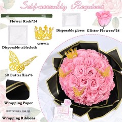 Waipfaru Pink Glitter Roses Bouquet, DIY Fake Flowers 24pcs,