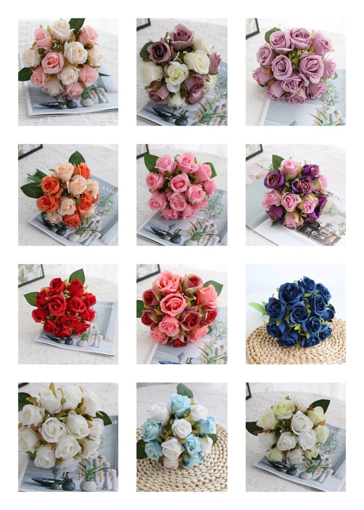 12 Head Silk Rose Floral Bridal Wedding Bouquet Home Party Decor Summer Night