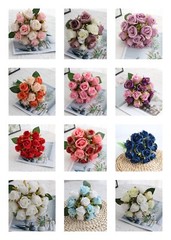 12 Head Silk Rose Floral Bridal Wedding Bouquet Home Party Decor Summer Night