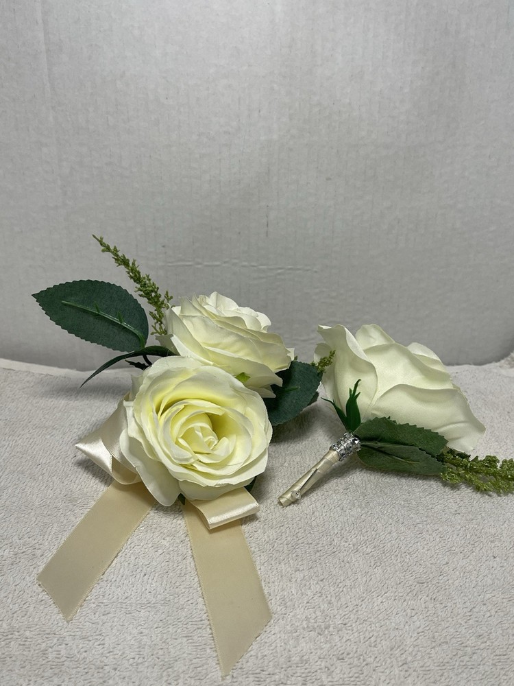 Angel Isabella Ivory Rose Wrist Corsage & Boutonniere Wedding Prom Set NIP