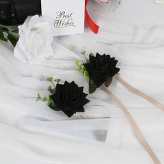 Adjustable Black Rose Wrist Corsage & Elegant Boutonniere Set – Ideal for Events