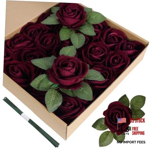 Artificial Flowers Velvet Roses 25 PCS Real Look Silk Flowers with Burgundy