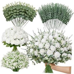 Pcs Mixed Eucalyptus Greenery Stems, White Silk Roses and Babys Breath 240