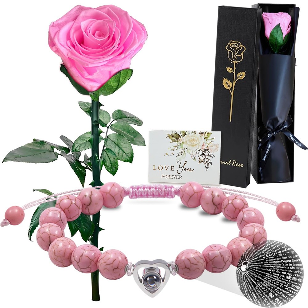Valentine’s Day Eternal Rose with Stem Real Single Pink Preserved Flower New