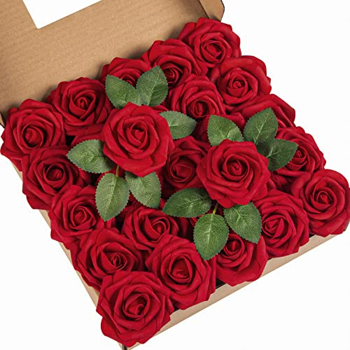 25Pcs Artificial Roses Flowers Fake Roses with Stems Real Touch Foam Dark Red