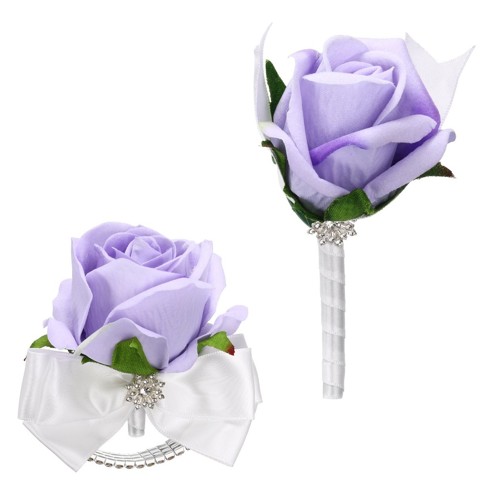 2Pcs Wrist Corsage Boutonnieres Set with White Ribbon, Light Purple