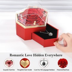 Preserved Rose Gifts for Women, Eternal Flower Rose Box with Heart Necklace, Ro