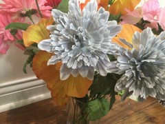 vtg SILK FLOWER mix orange pink mums petunia +ARRANGEMENT Macao ENB 60’s to 80’s