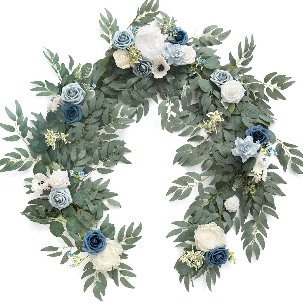 Ling’s Moment Artificial Eucalyptus Garland with Flowers 6FT, Wedding Table G…