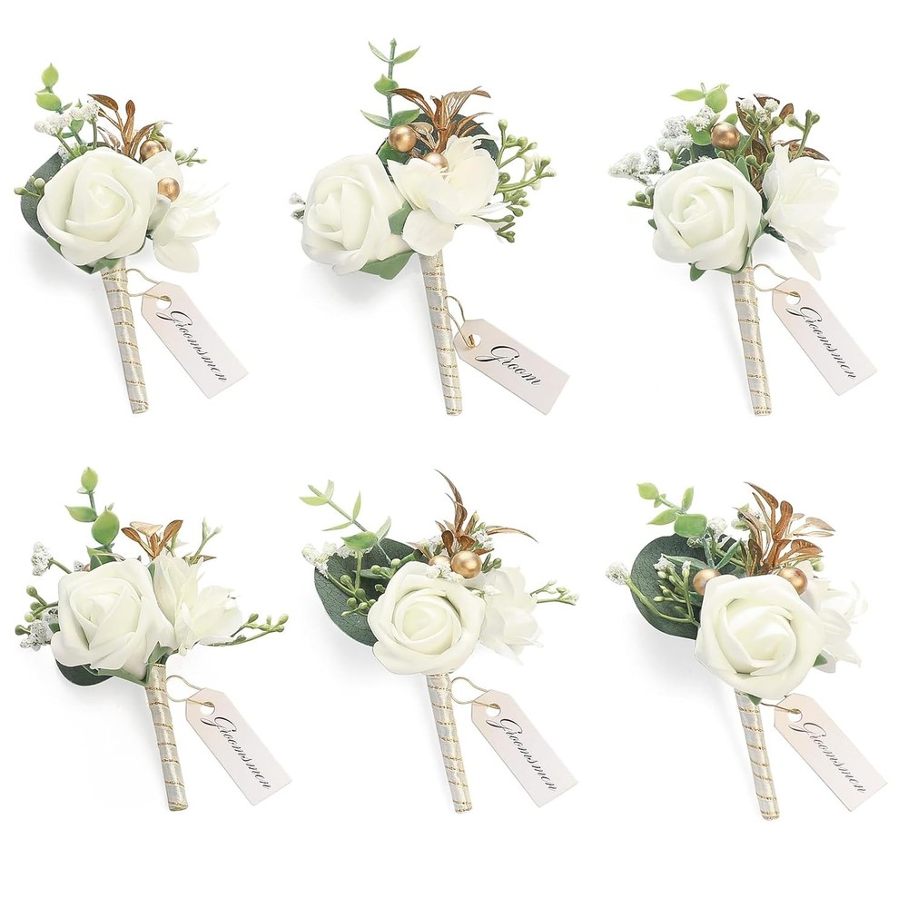 6x Ivory Foam Rose Boutonniere Groom Wedding Boutonnieres for Men Set with Pins