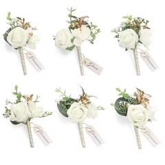 6x Ivory Foam Rose Boutonniere Groom Wedding Boutonnieres for Men Set with Pins