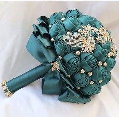 Artificial Green Rose Ball Wedding Bouquet, Gold Rhinestone Brooch Accents
