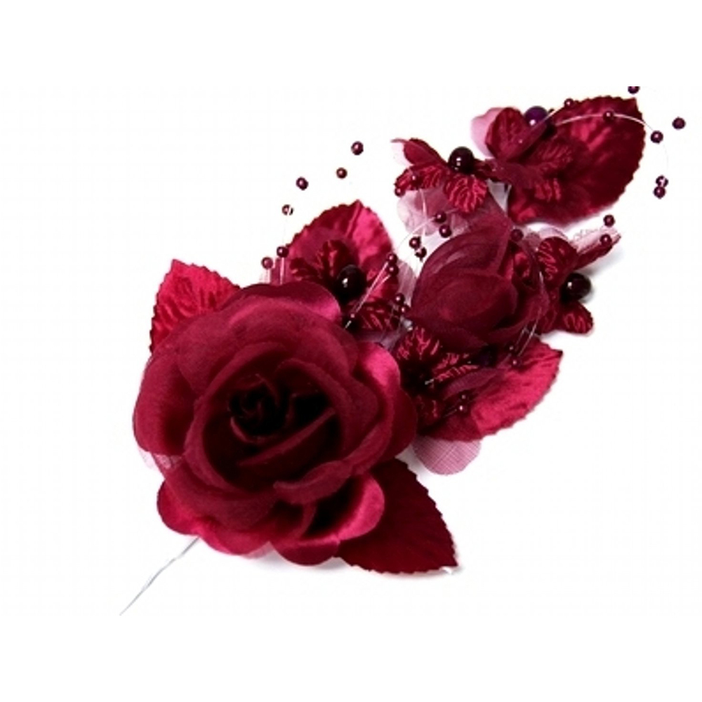 3 burgundy Silk Pearl & organza flower Corsages 5″x 2.5 with pearl pin