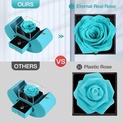 Preserved Rea Cyanl Rose with I Love You Necklace 100 Languages, middle, Cyan