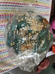 Artificial Green Rose Ball Wedding Bouquet, Gold Rhinestone Brooch Accents