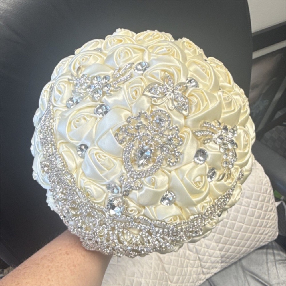 Ivory Rose Rhinestone Artificial Fabric Wedding Flower Bouquet Door Decoration