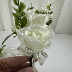 Corsage and Boutonniere Set Cream Ivory Roses Baby’s Breath Greenery Handmade
