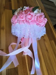 Artificial Pink White Rose Wedding Bouquet Lace Ribbon Fabric Floral Centerpiece