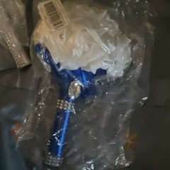 Artificial Wedding Bouquet White Flowers w/ Blue Handle, 9in, Pack 10
