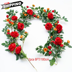 2 PCS 12FT Bendable Flower Garland, Artificial Rose Vine Hanging 2pcs, Red