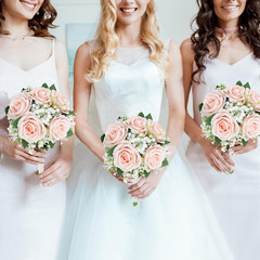 Set of 6 White & 6 Peach Pink Artificial Bridesmaid Bouquets for Weddings