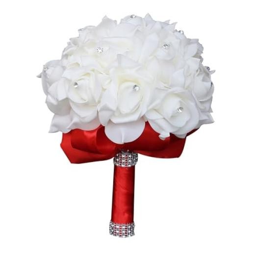 Wedding Bouquet, Crystal Diamond Silk Roses, Bride Bridal Hand Roses, 7″ x Red