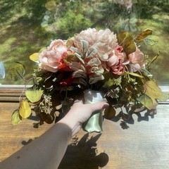 Beautiful Bridal Wedding Bouquet Budget Handmade Faux Flowers White-Pink Green